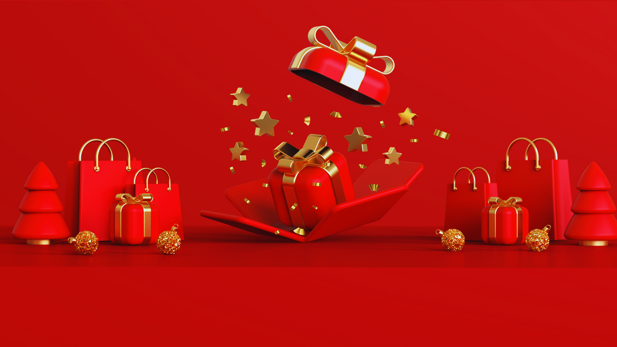 Holiday content strategy graphic with festive lights and gift boxes