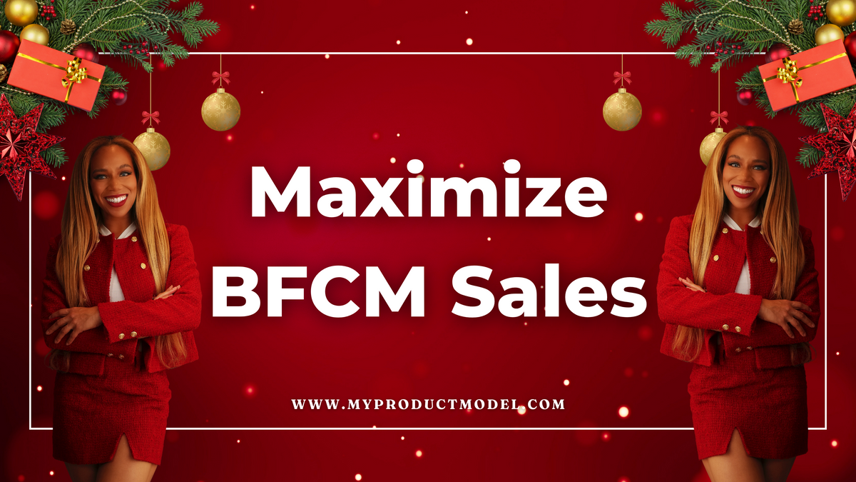 Graphic promoting BFCM sales with a model in a red holiday outfit